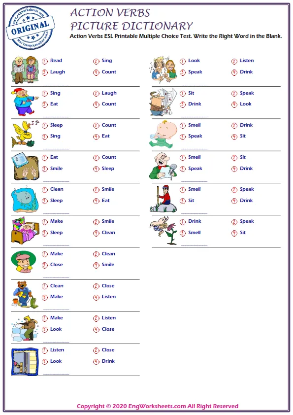 Action Verbs ESL Printable Multiple Choice Test. Write the Right Word in the Blank.