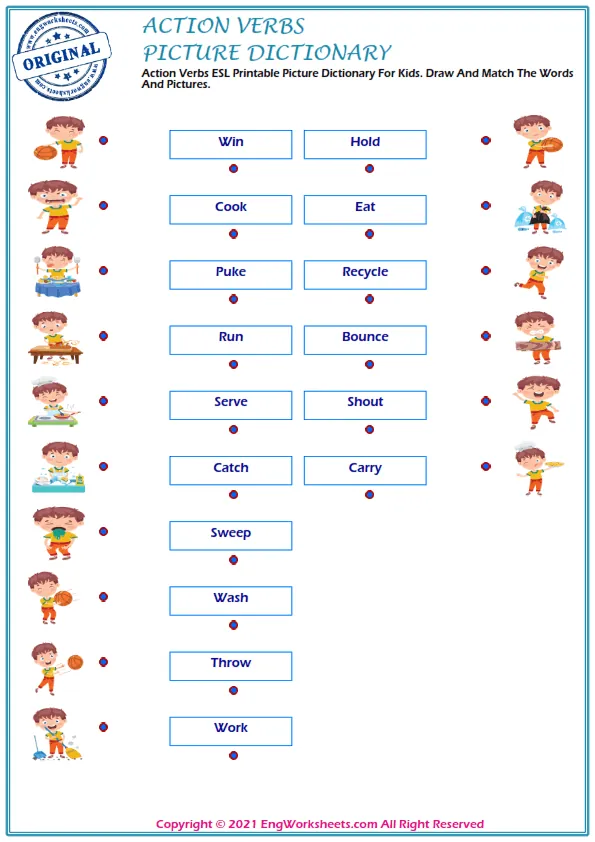 Action Verbs ESL Printable Picture Dictionary For Kids. Write the Numbers in the Word List Next to the Pictures.