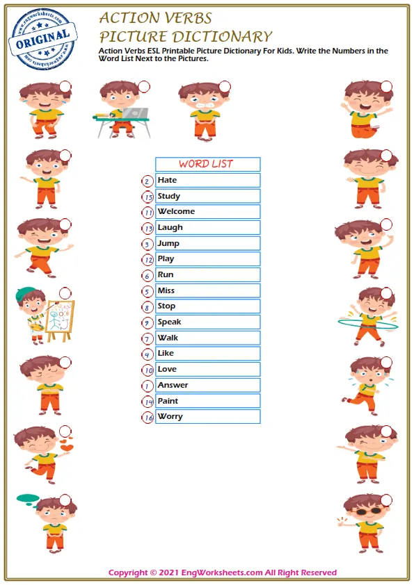 Action Verbs vocabulary worksheet with words, nine images per page