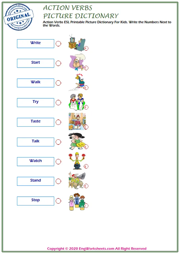 Action Verbs ESL Printable Picture Dictionary For Kids. Write the Numbers Next to the Words.