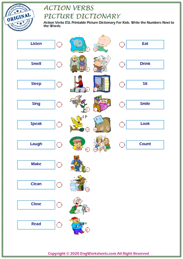 Action Verbs ESL Printable Picture Dictionary For Kids. Write the Numbers Next to the Words.