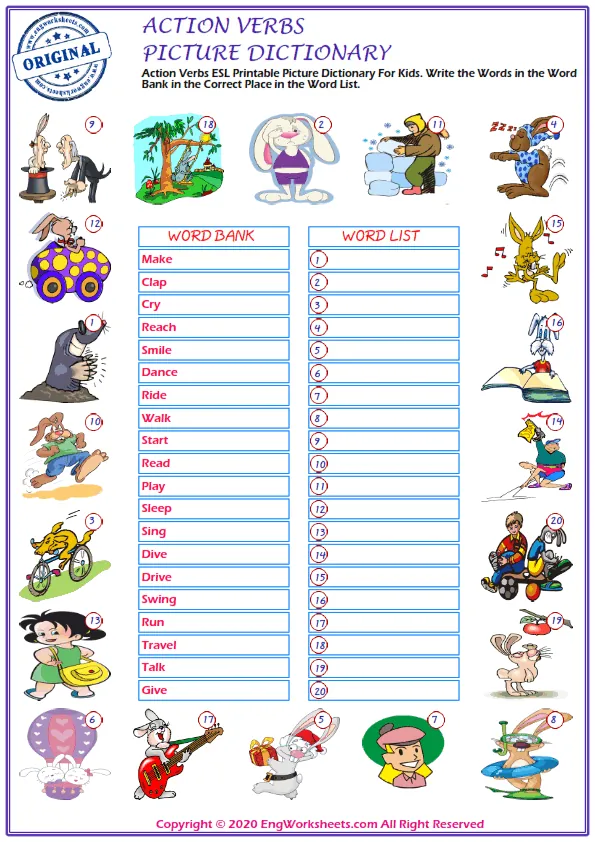 Action Verbs ESL Printable Picture Dictionary For Kids. Write the Words in the Word Bank in the Correct Place in the Word List.