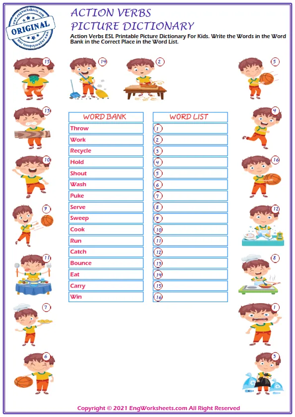 Action Verbs ESL Unscramble the Words Worksheets For Kids