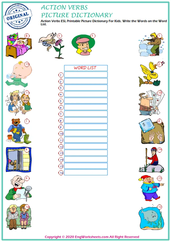 Action Verbs ESL Printable Picture Dictionary For Kids. Write the Words on the Word List.