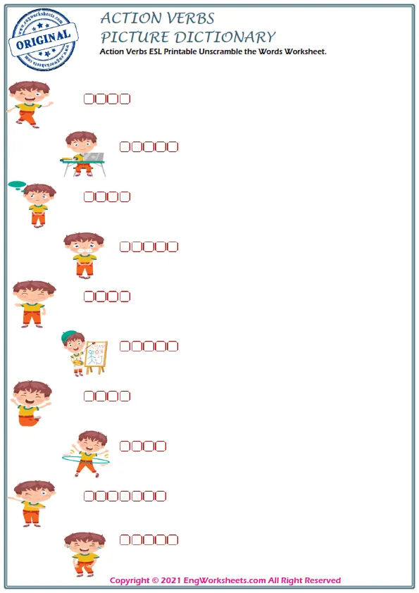 Action Verbs English word search puzzle worksheet, type the words given in the puzzle.