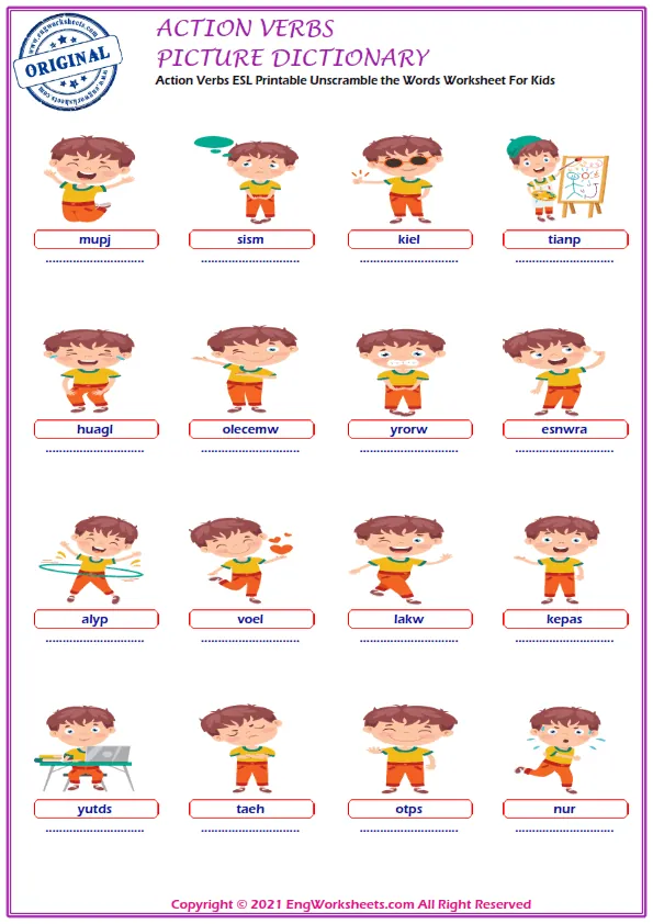 Action Verbs ESL Printable Picture Dictionary For Kids. Write the Words on the Word List.