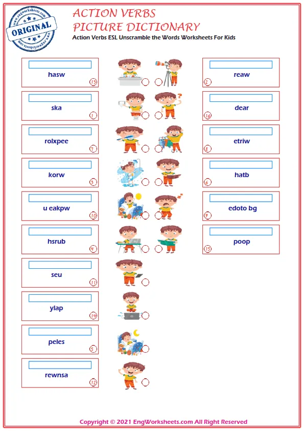 Action Verbs ESL Unscramble the Words Worksheets For Kids