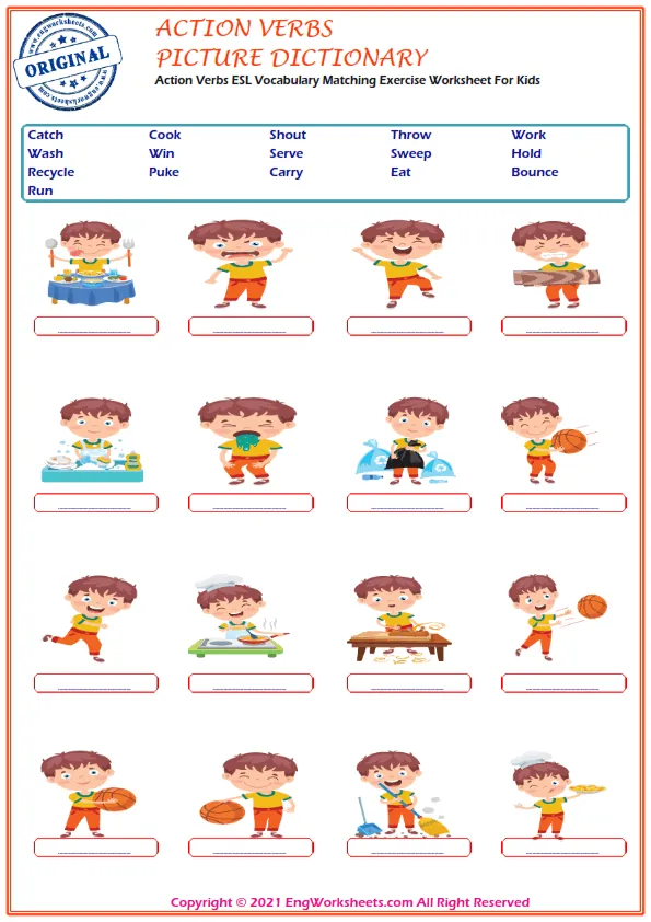 Action Verbs English Printable Picture Dictionary Worksheet For Kids
