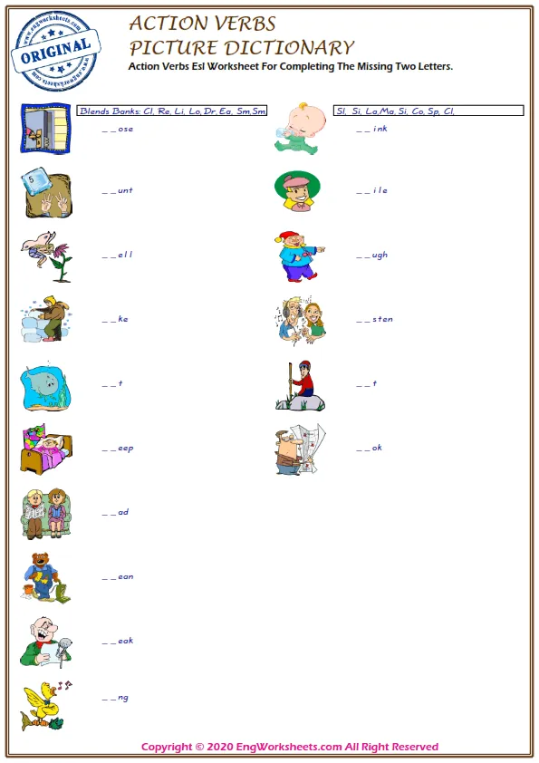 Action Verbs Esl Worksheet For Completing The Missing Two Letters.