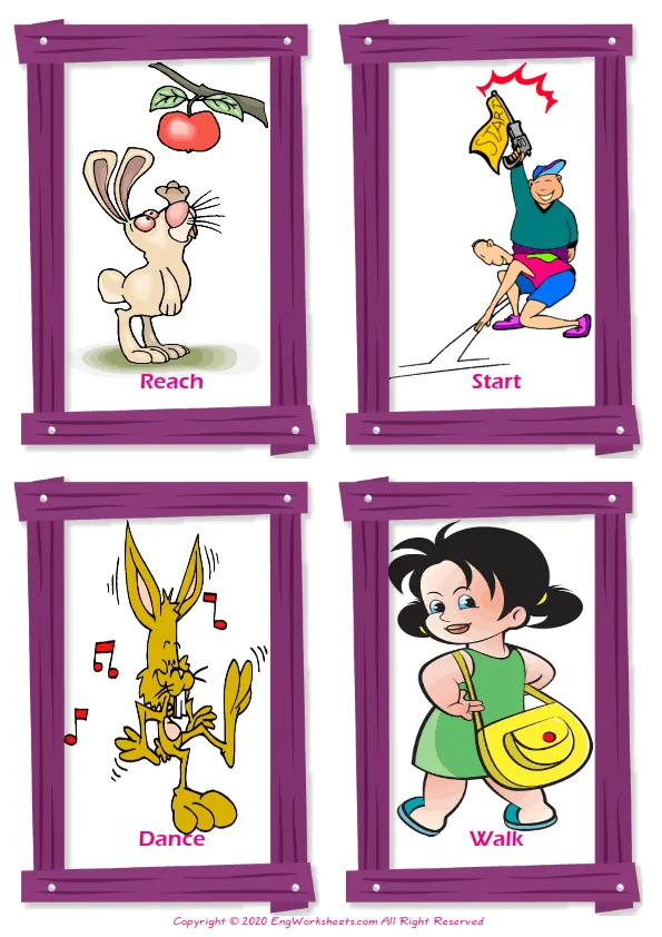 Action Verbs vocabulary worksheet with words, four images per page