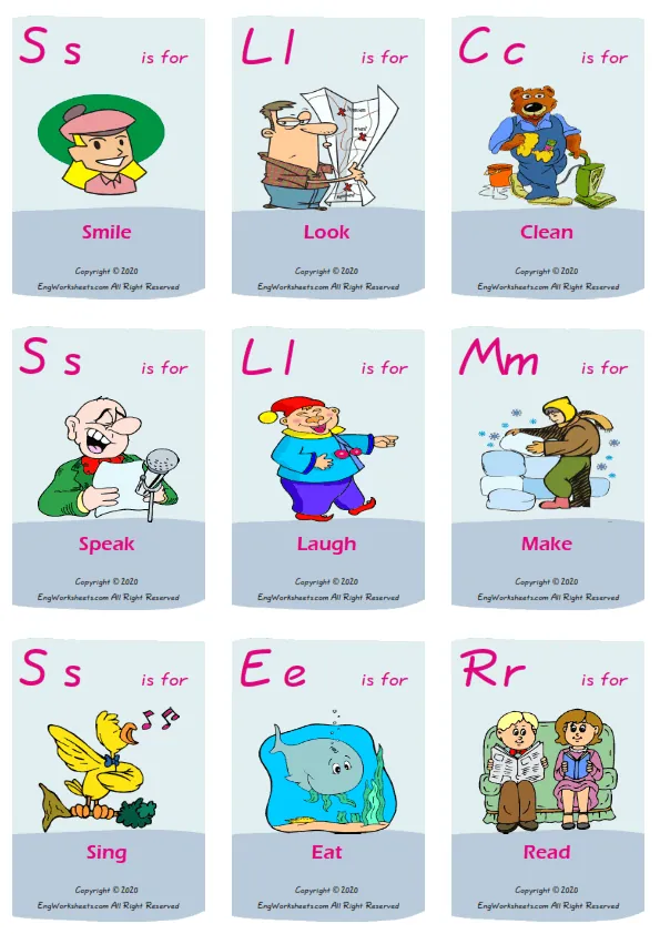 Action Verbs vocabulary worksheet with words, nine images per page