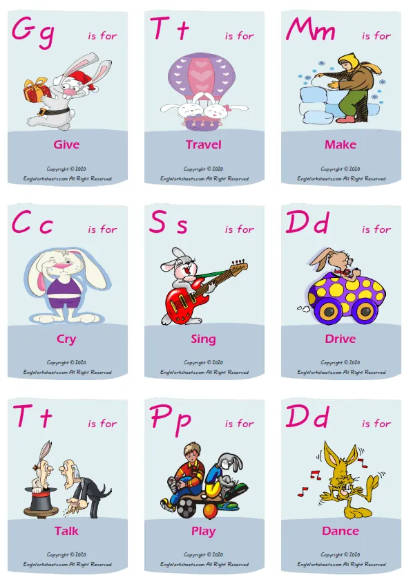 Action Verbs vocabulary worksheet with words, nine images per page