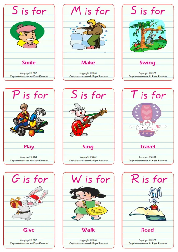 Action Verbs vocabulary worksheet with words, nine images per page