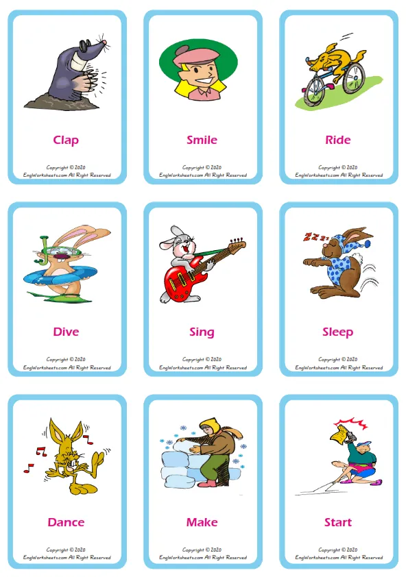 Action Verbs vocabulary worksheet with words, nine images per page