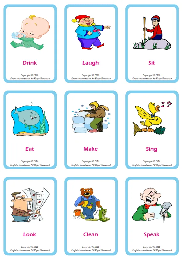 Action Verbs vocabulary worksheet with words, nine images per page