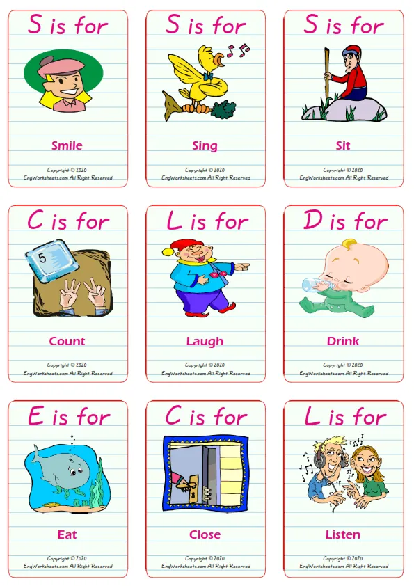 Action Verbs vocabulary worksheet with words, nine images per page