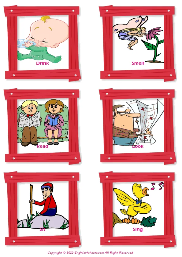 Action Verbs vocabulary worksheet with words, six images per page