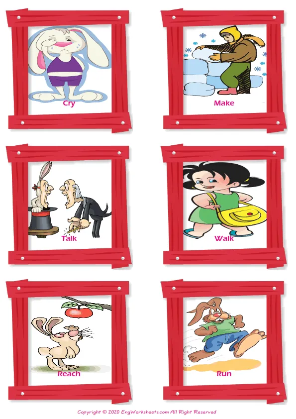 Action Verbs vocabulary worksheet with words, six images per page