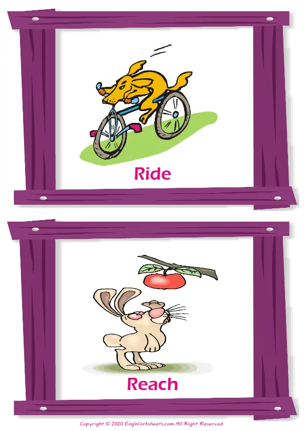 Action Verbs vocabulary worksheet with words, two images per page