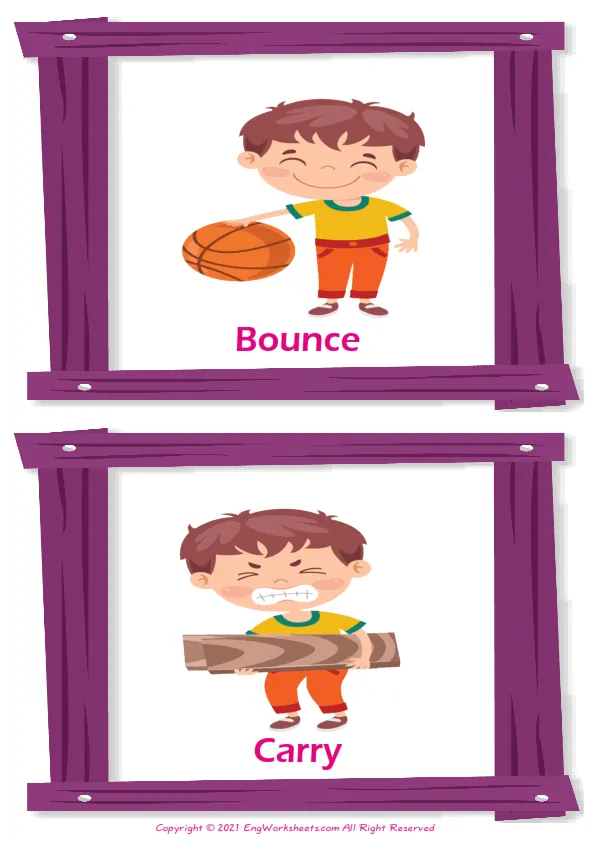 Action Verbs vocabulary worksheet with words, six images per page