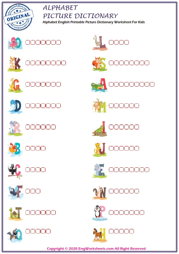 Alphabet English Printable Picture Dictionary Worksheet For Kids