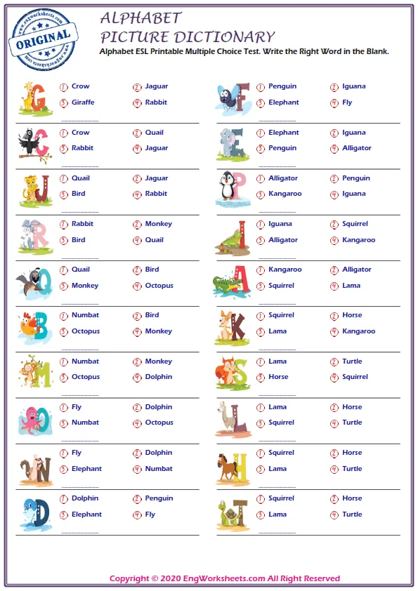 Alphabet ESL Printable Multiple Choice Test. Write the Right Word in the Blank.