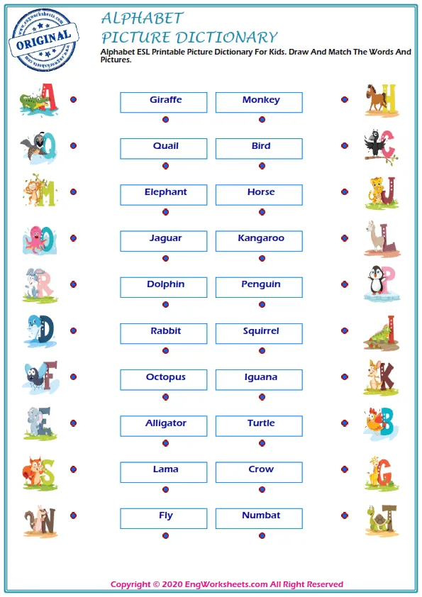 Alphabet ESL Printable Picture Dictionary For Kids. Draw And Match The Words And Pictures.