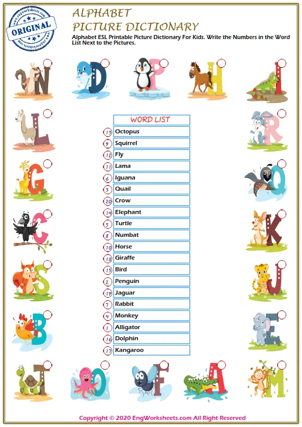 Alphabet ESL Printable Picture Dictionary For Kids. Write the Numbers in the Word List Next to the Pictures.