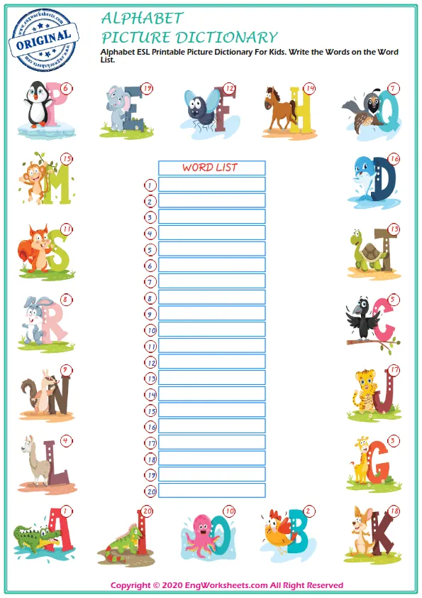 Alphabet ESL Printable Picture Dictionary For Kids. Write the Words on the Word List.