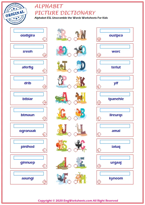 Alphabet ESL Unscramble the Words Worksheets For Kids