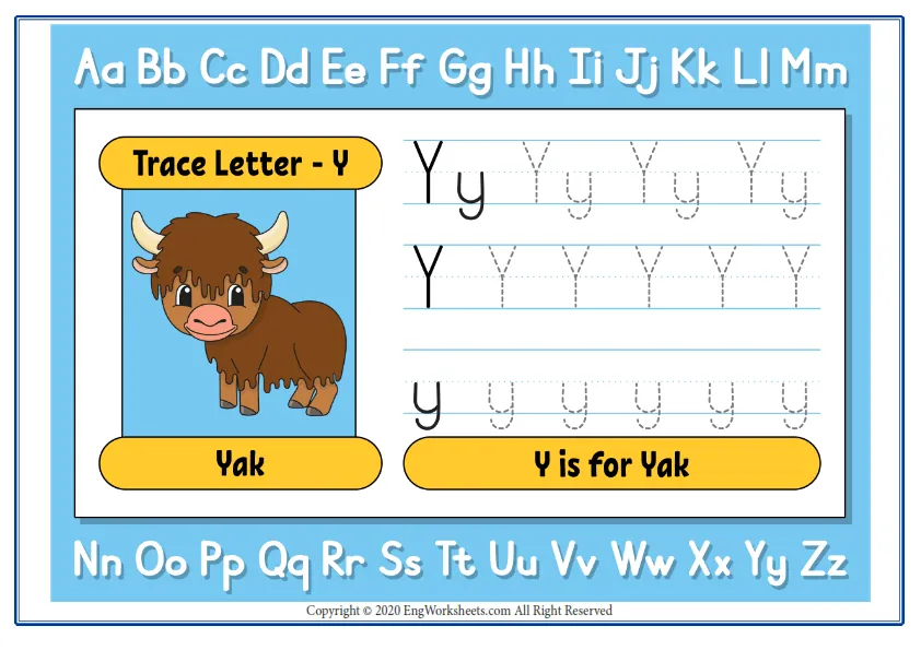 Alphabet Letter Y Exercise With Cartoon Vocabulary