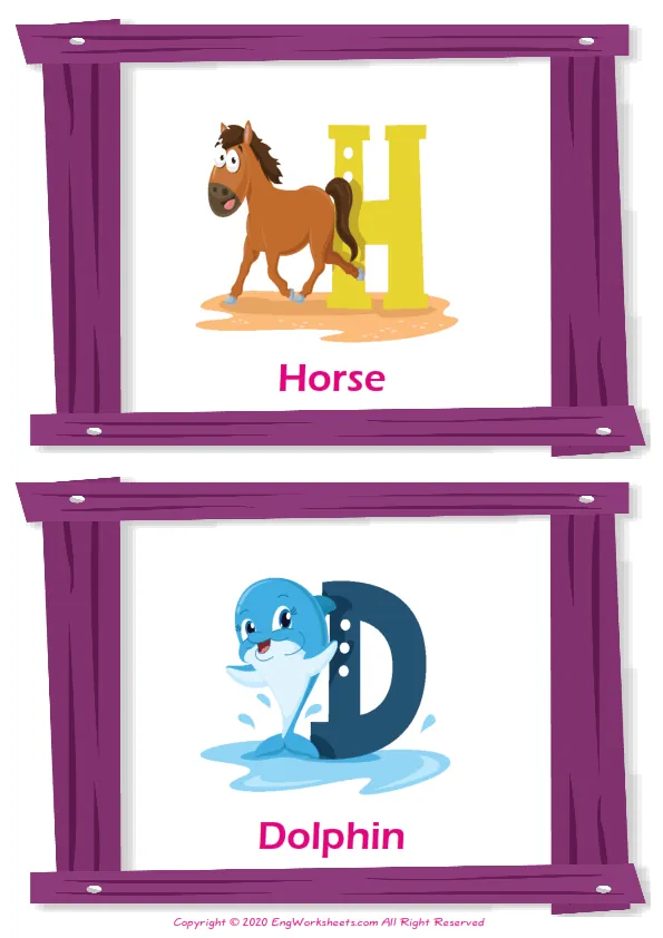 Alphabet vocabulary worksheet with words, two images per page