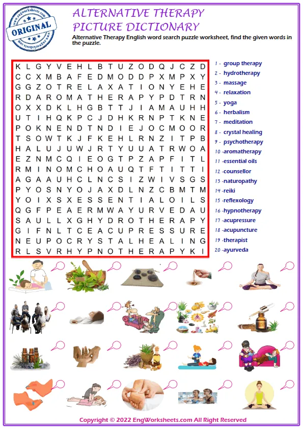 Alternative Therapy English word search puzzle worksheet, find the given words in the puzzle.