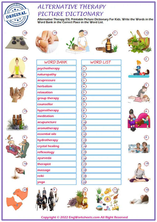 Alternative Therapy ESL Printable Picture Dictionary For Kids. Write the Words in the Word Bank in the Correct Place in the Word List.
