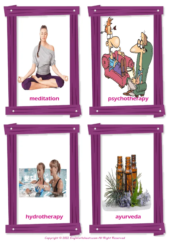 Alternative Therapy vocabulary worksheet with words, four images per page