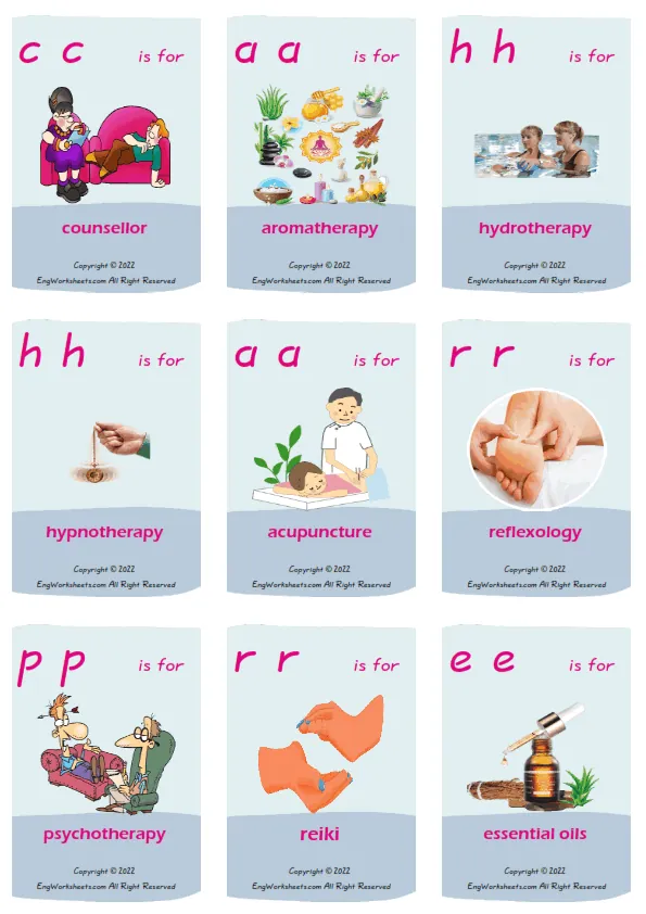 Alternative Therapy vocabulary worksheet with words, nine images per page