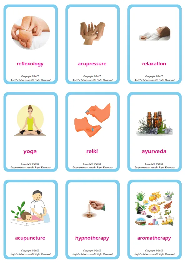 Alternative Therapy vocabulary worksheet with words, nine images per page