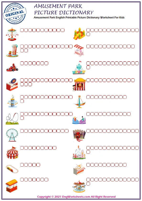 Amusement Park English Printable Picture Dictionary Worksheet For Kids