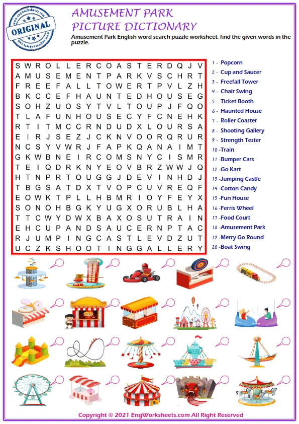 Amusement Park English word search puzzle worksheet, find the given words in the puzzle.