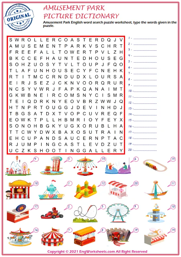 Amusement Park English word search puzzle worksheet, type the words given in the puzzle.