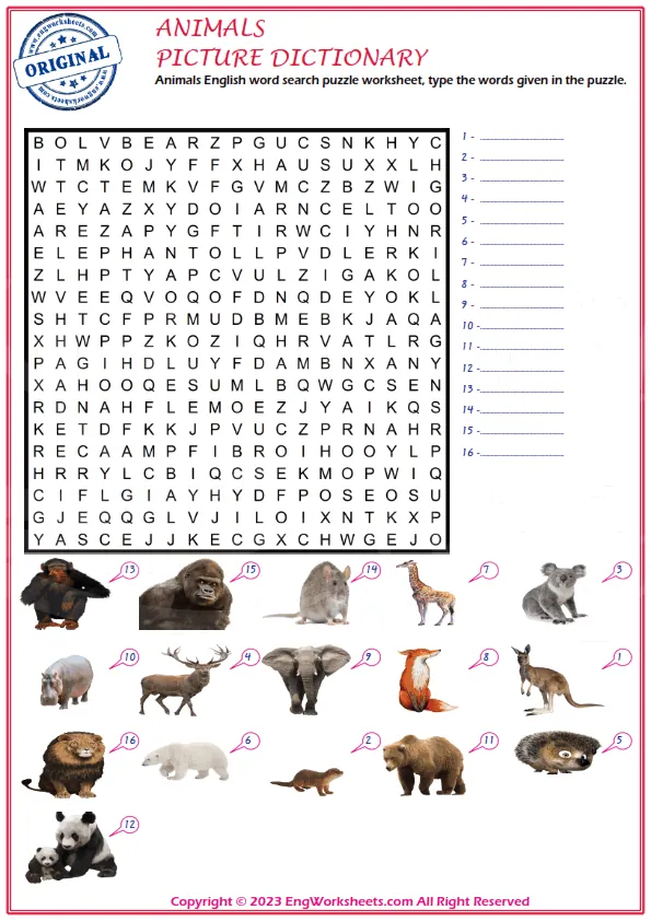 Animals English word search puzzle worksheet, type the words given in the puzzle.