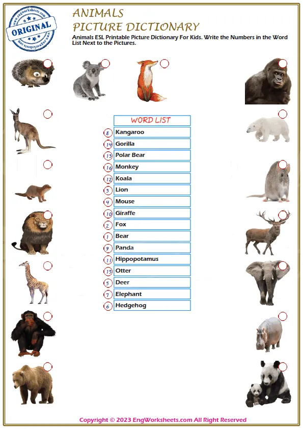 Animals ESL Printable Picture Dictionary For Kids. Write the Numbers in the Word List Next to the Pictures.