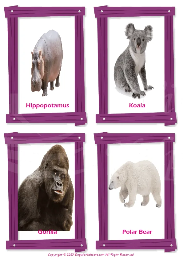 Animals vocabulary worksheet with words, four images per page