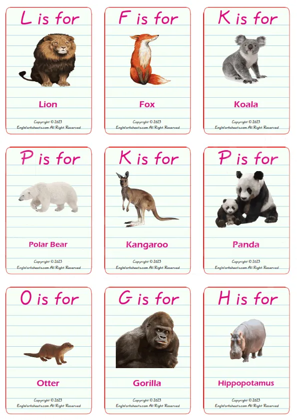 Animals vocabulary worksheet with words, nine images per page