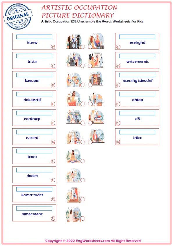 Artistic Occupation ESL Unscramble the Words Worksheets For Kids