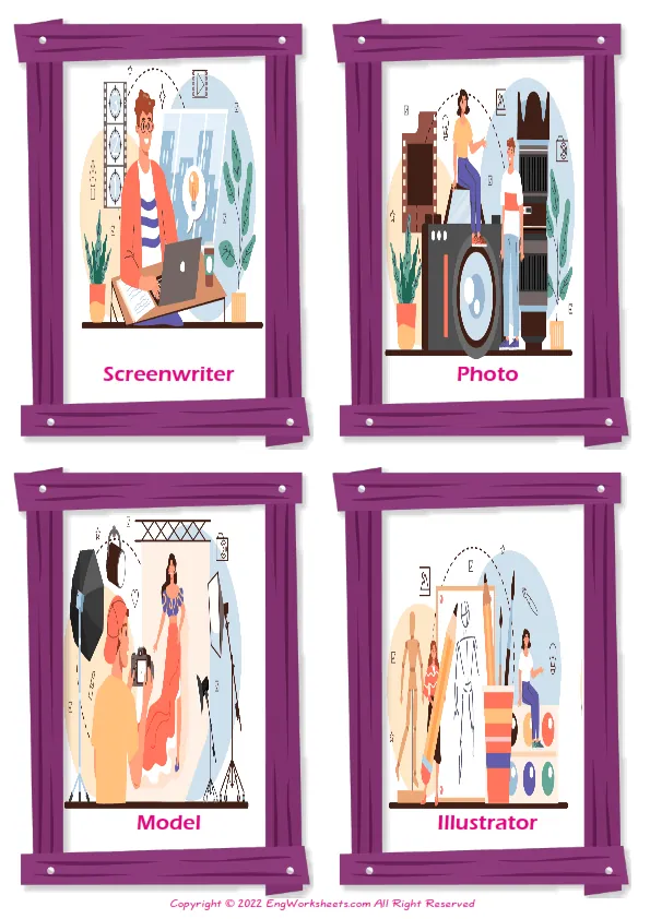 Artistic Occupation vocabulary worksheet with words, four images per page