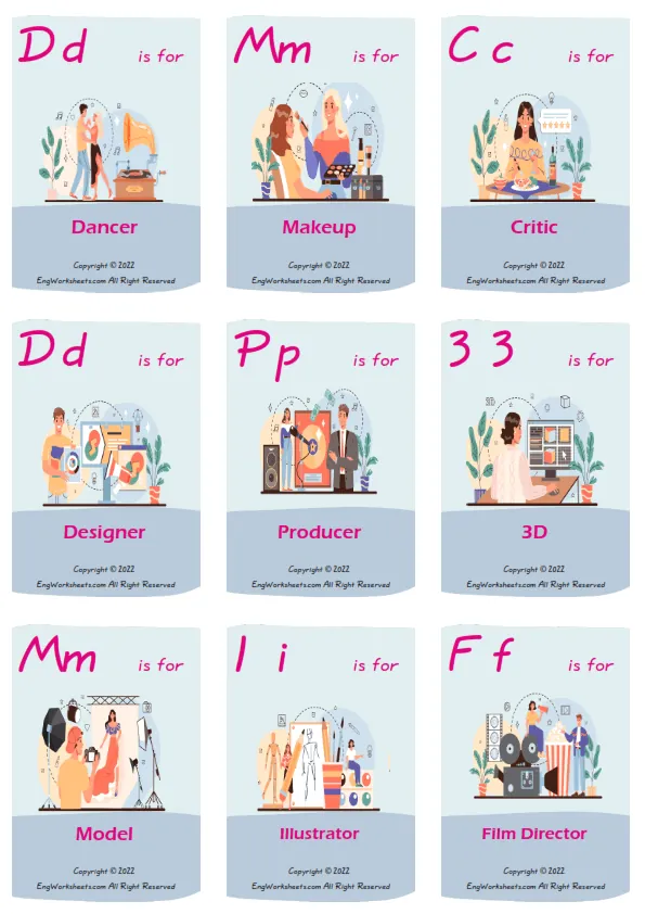 Artistic Occupation vocabulary worksheet with words, nine images per page