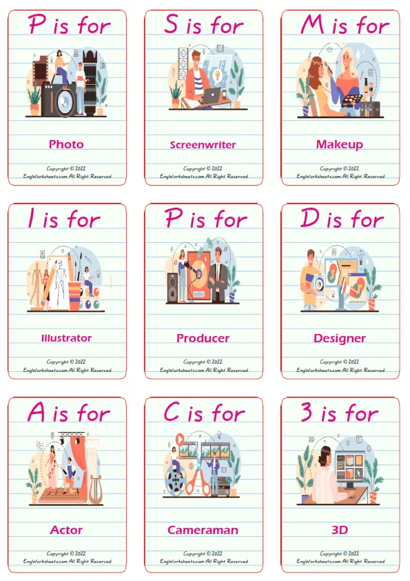 Artistic Occupation vocabulary worksheet with words, nine images per page