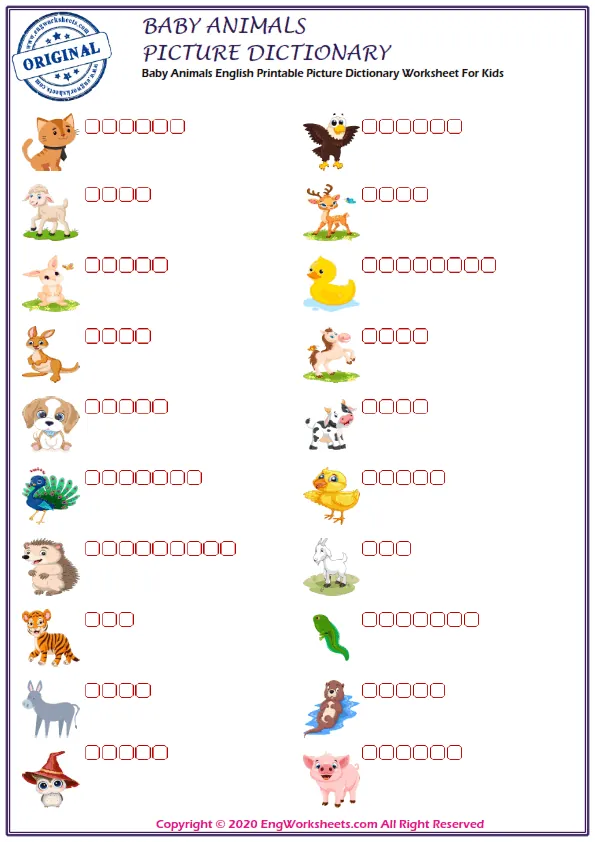 Baby Animals English vocabulary worksheet with full-page words