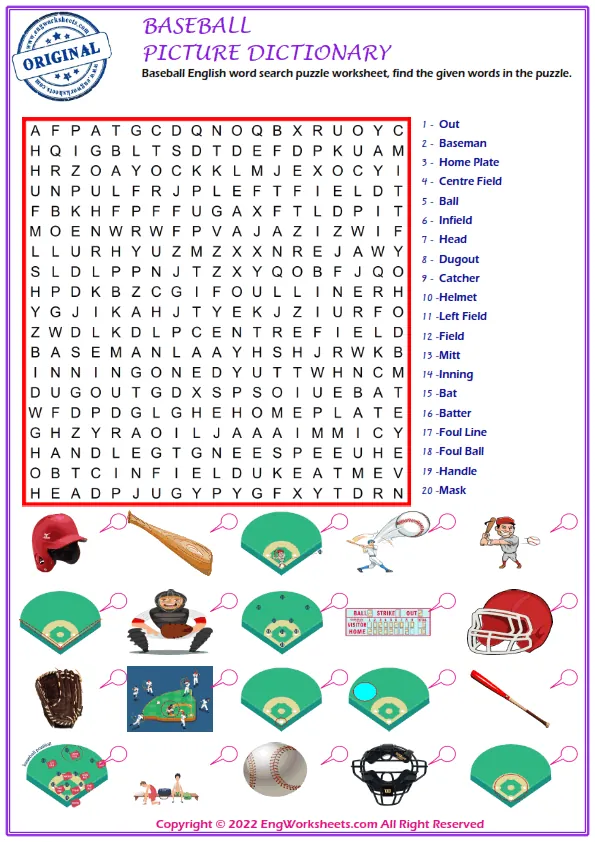 Baseball English word search puzzle worksheet, find the given words in the puzzle.